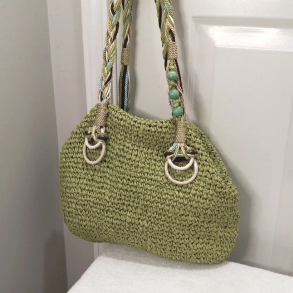 Braciano Large Lite Green Woven Purse With Colorful Braided Handles - Picture 1 of 8